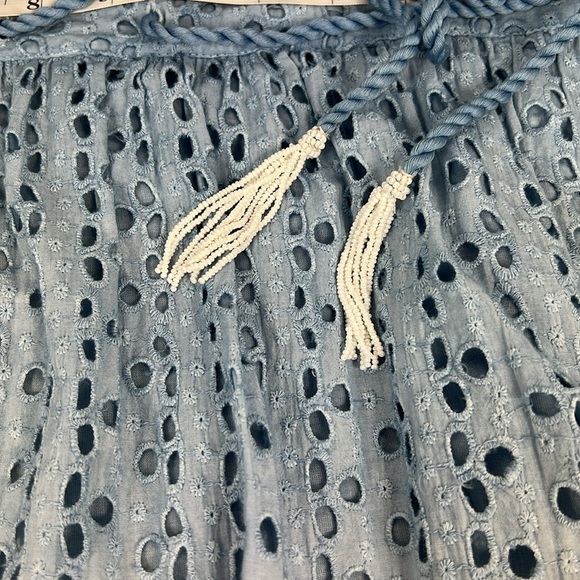 Super Natural Sz L Tiered Eyelet Dress V Neck Blue Ombre V Neck Puff Sleeves - Picture 6 of 13